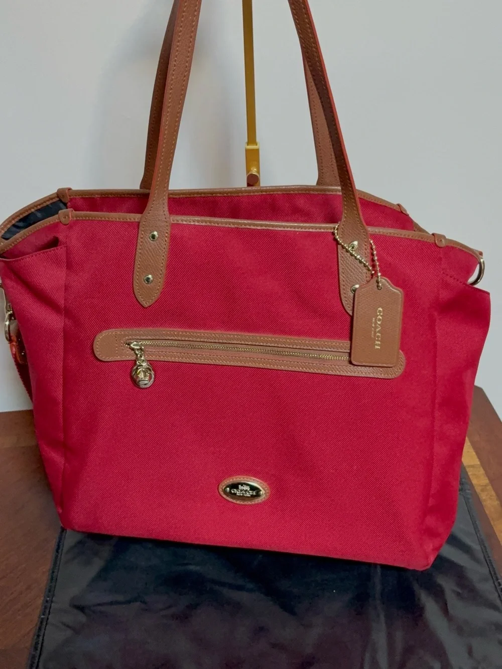 Coach Red Canvas Tote with Brown Leather Trim